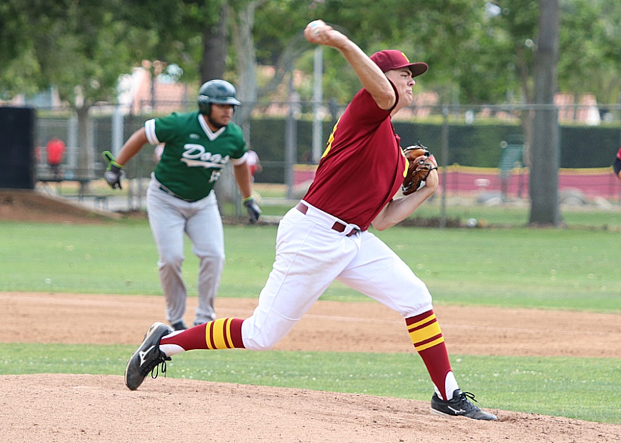 Jesse Hanckel, a starting quarterback on the 2016 Lancers football team, is one of the baseball team's top aces. He hurled eight innings for the win on Tuesday, photo by Richard Quinton.