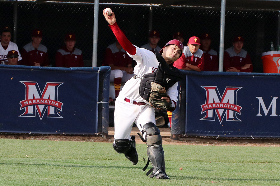 PCC sophomore transfer catcher Cole Pillar has thrown out seven runners trying to steal this season, photo by Richard Quinton.