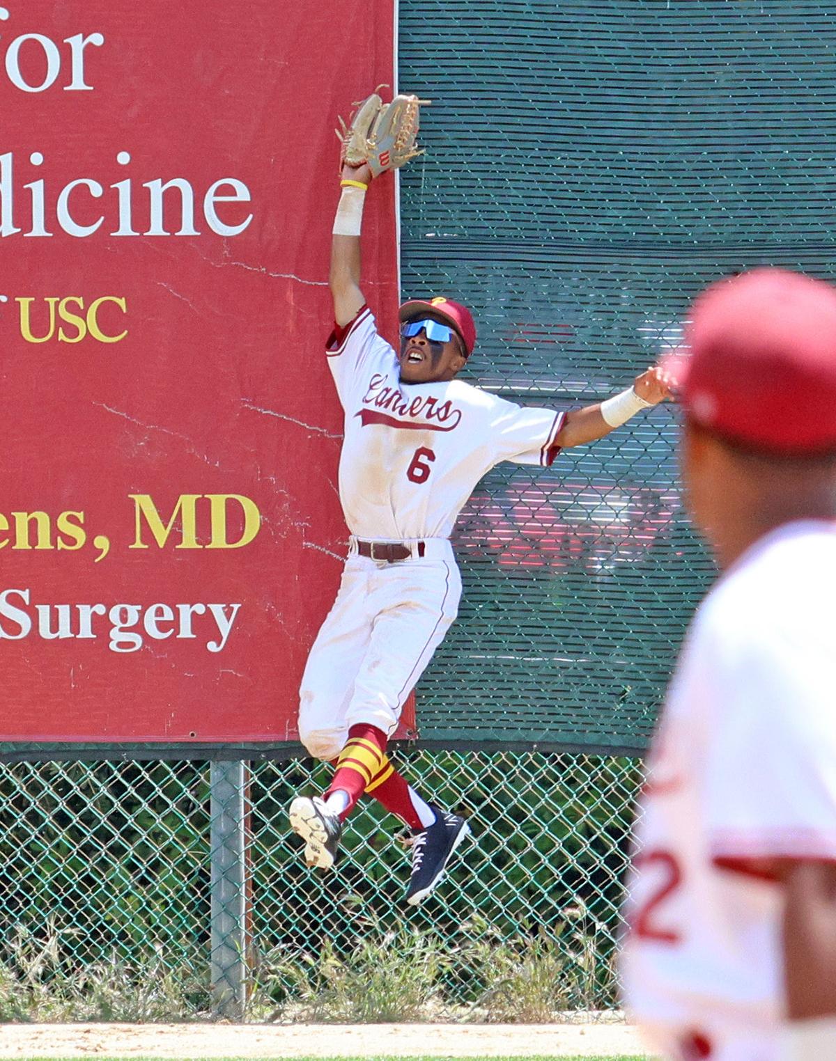 Aryonis Harrison goes up against the LF wall to rob a hit v. Glendale in Friday's playoff loss (photo by Richard Quinton).
