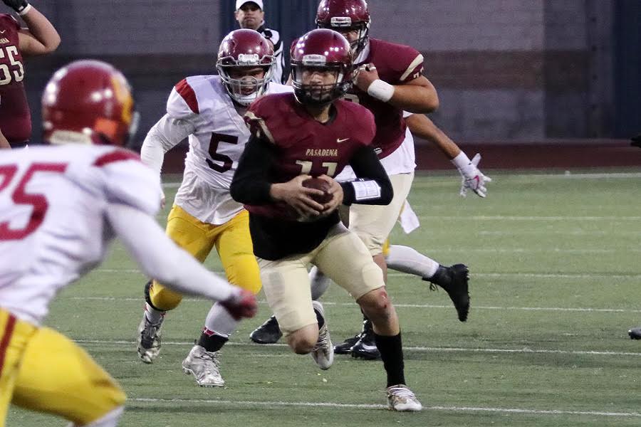 Mario Bobadilla passed for two TDs and ran for another during PCC's 38-7 win over Glendale Saturday evening at Robinson Stadium, photo by Richard Quinton.