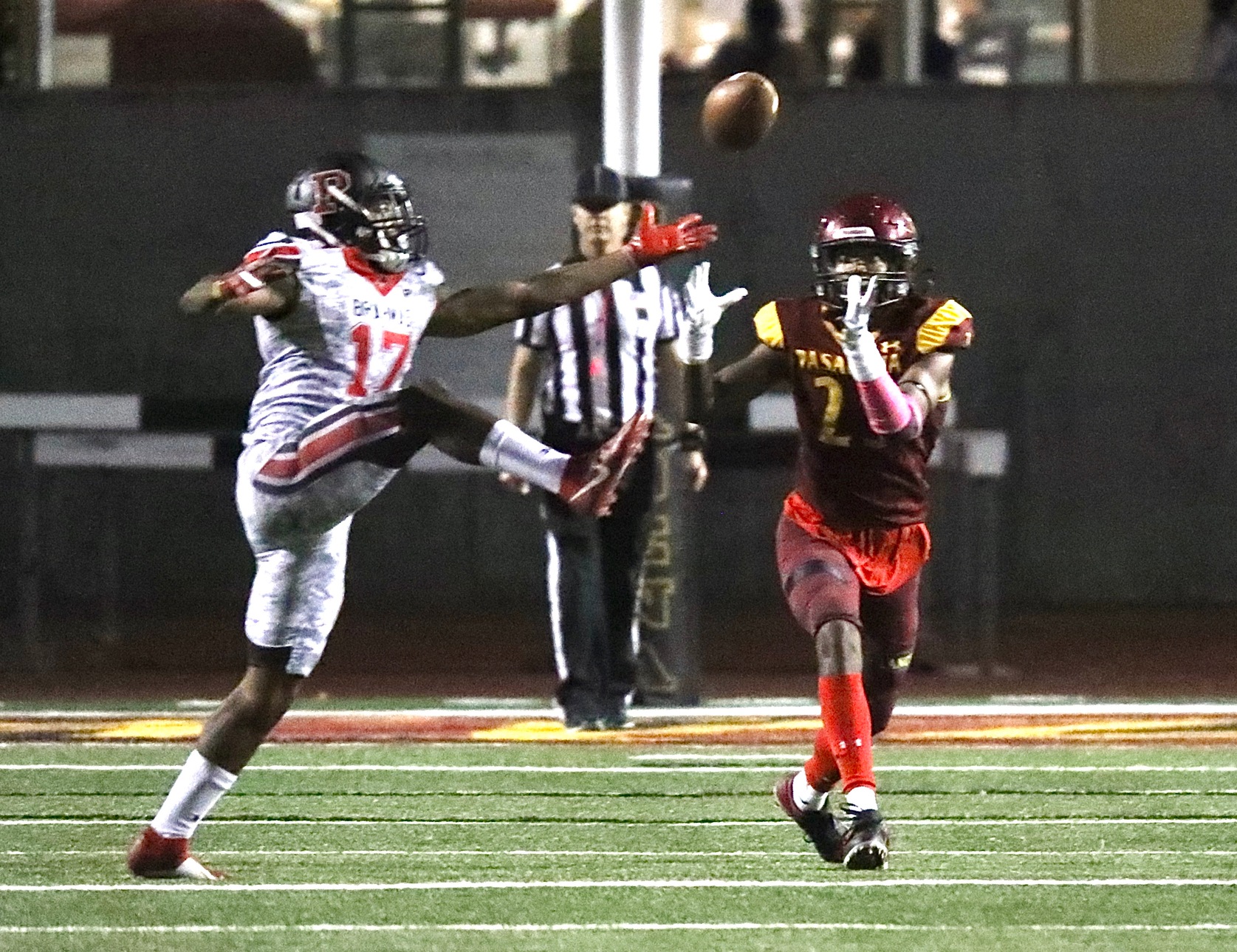 Kaydon Spens is about to intercept a Pierce pass during PCC's win on Saturday, photo by Michael Watkins.