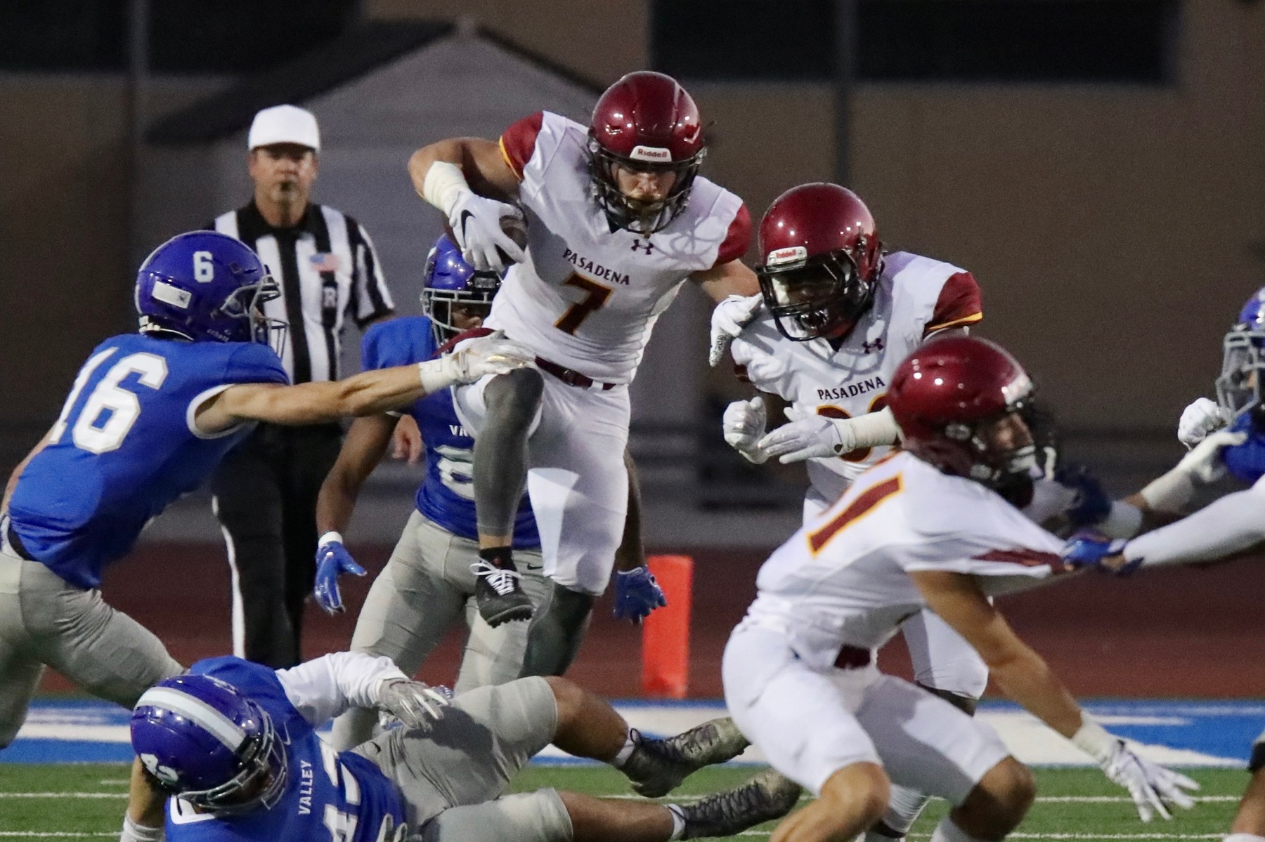 Andy Reyes (7) in action during the Lancers loss at San Bernardino Valley College on Saturday night, photo by Michael Watkins.