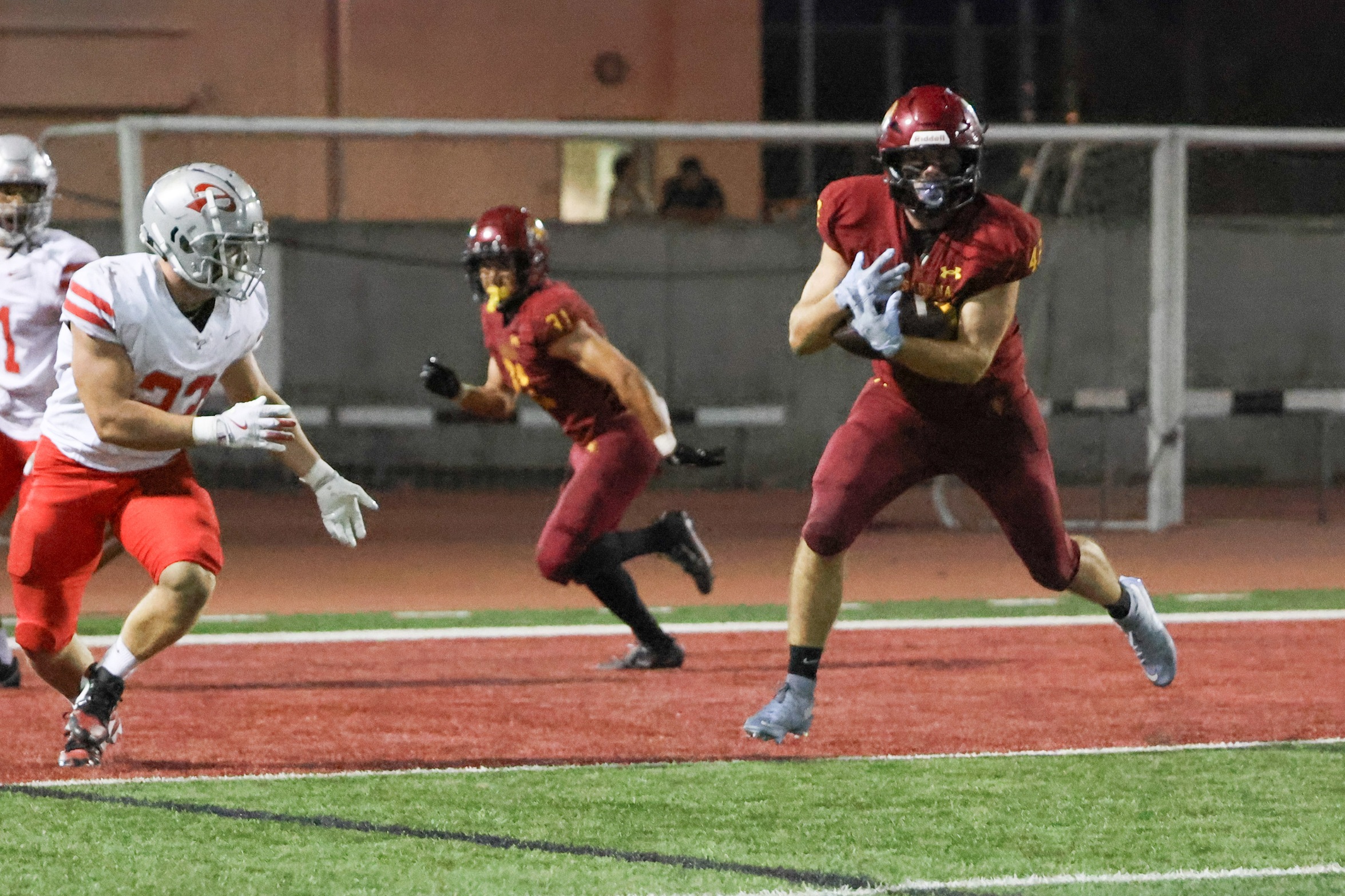 Caeden Holcomb makes the interception af the goalline in PCC's win on Saturday (photo/gallery by Richard Quinton).