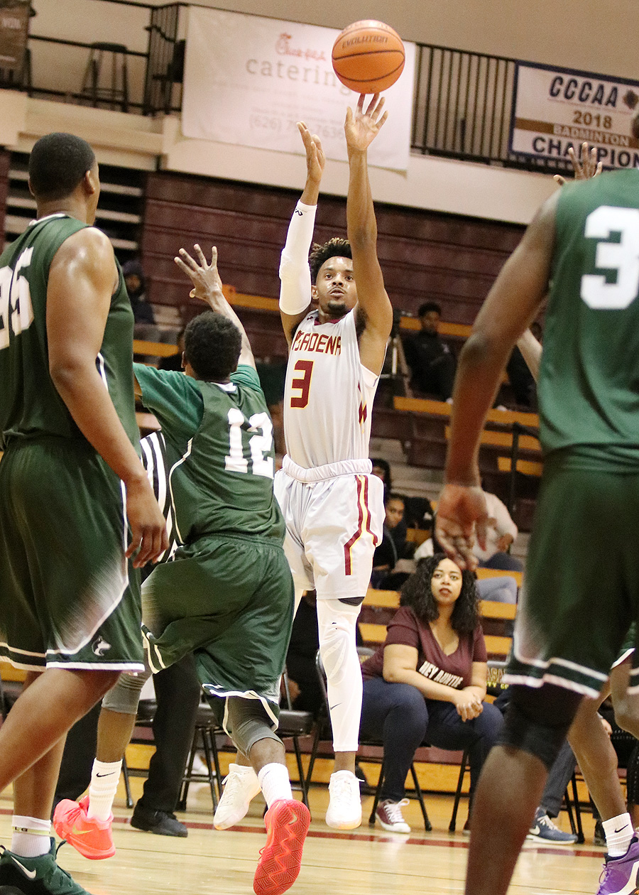 Lancer Khristion Courseault shoots the jumper during PCC's tough OT loss to East Los Angeles Friday night, photo by Richard Quinton.