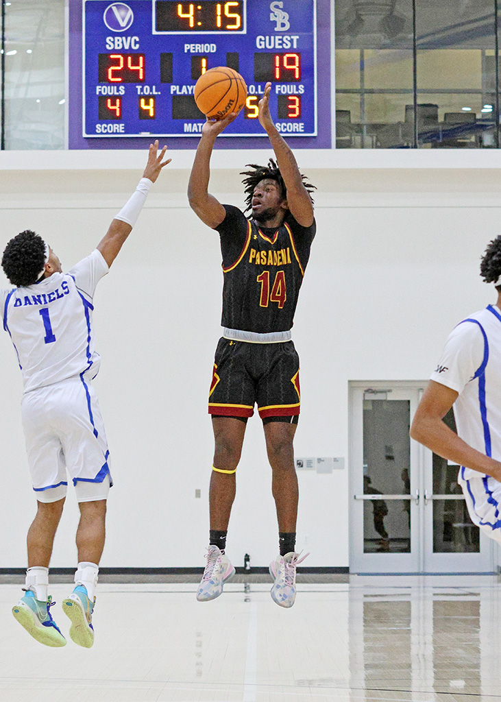 Nurridin Abdur-Rahmann hits a triple during Saturday's regional final defeat at San Bernardino Valley College (photo by Richard Quinton)