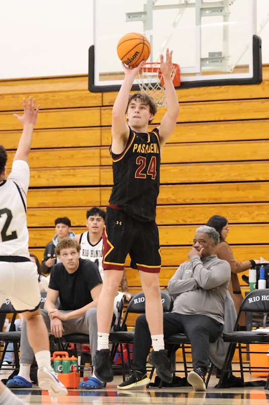 Quinlan Daly fires a shot in PCC's win at Rio Hondo College last Friday (photo by Richard Quinton).