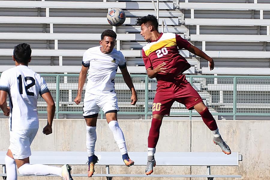 Lancer Kevin Deagueros makes the header during PCC's game against Rio Hondo Tuesday, photo by Richard Quinton.