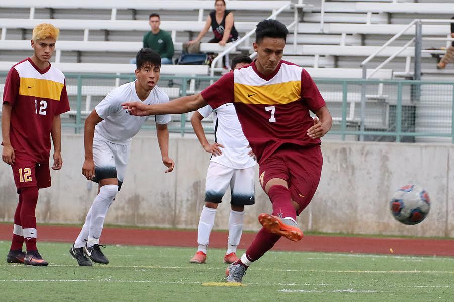 Pablo Buenrostro fires in a penalty kick goal in PCC's loss to Chaffey Tuesday at Robinson Stadium, photo by Richard Quinton.