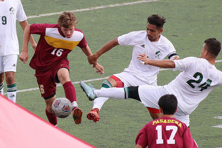Thomas Flora seen here in his natural position played goalie the last few games for the Lancers men's soccer team.