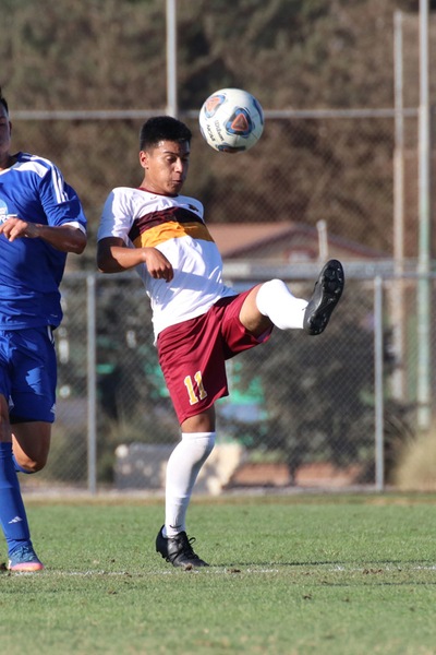 Anthony Jimenez, here in a 2017 game, was part of all three PCC goals in the Lancers 3-0 win at LA Mission College Tuesday.