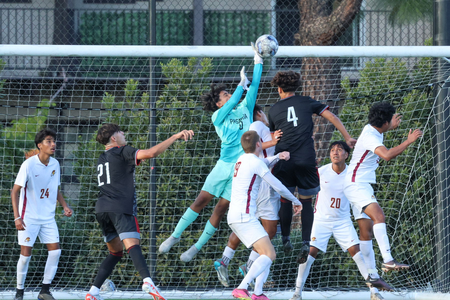 Matthew Gilmore makes the stop during PCC's tie at Long Beach (photo by Richard Quinton).