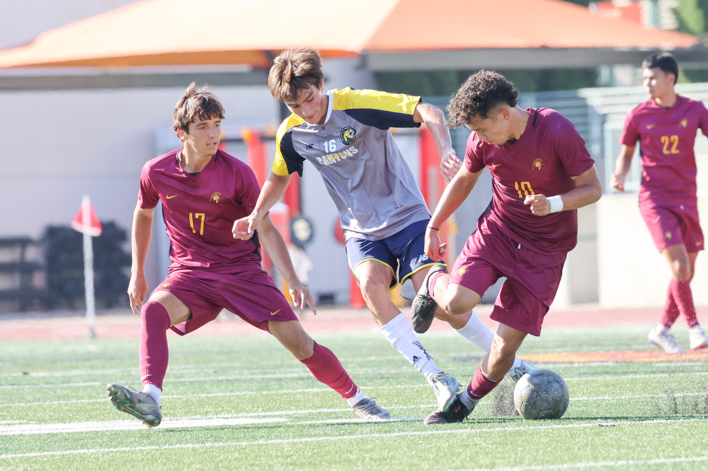 Jose Perez (10) and Sebastian Messner (17) battle for the ball during PCC's win on Tuesday (photo by Richard Quinton).
