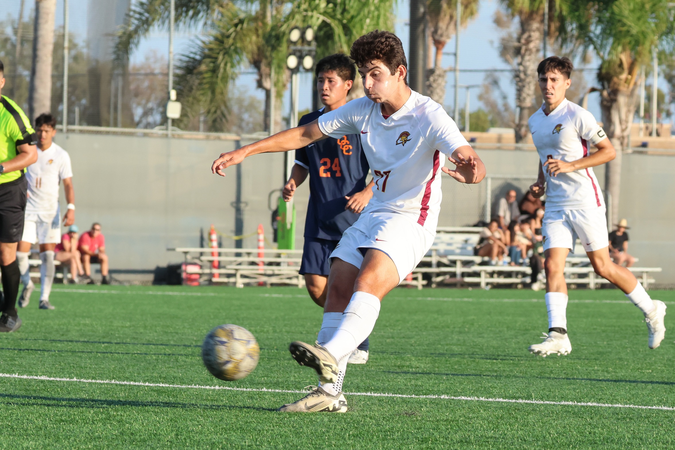 Alex Petrossians fires in a goal in PCC's win at Orange Coast (photo by Richard Quinton).