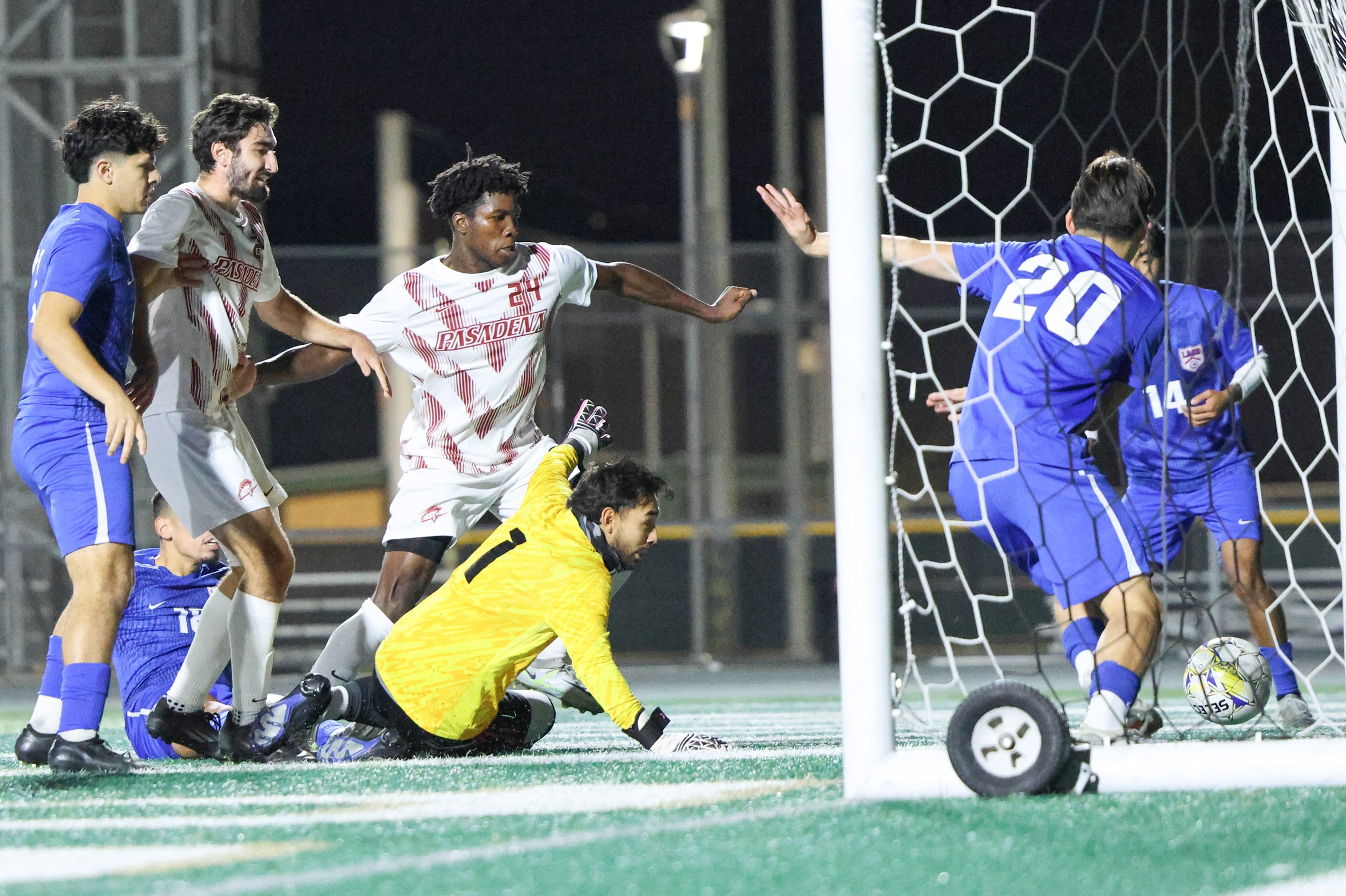 Jeremiah Alomo scores PCC's first goal in Wednesday's playoff defeat (photo by Richard Quinton).