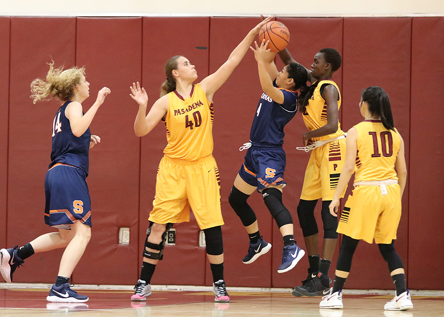 Alisa Shinn (left, 40) and Mercy Odima (second from right) have been big factors for the PCC women's basketball team thus far in 2017-18.