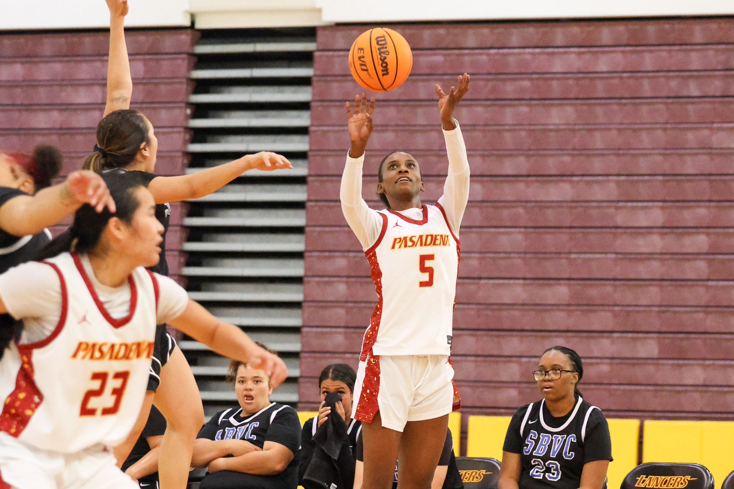 Celine Bolton-Ford fires up a shot during PCC's win on Saturday (photo by Richard Quinton).