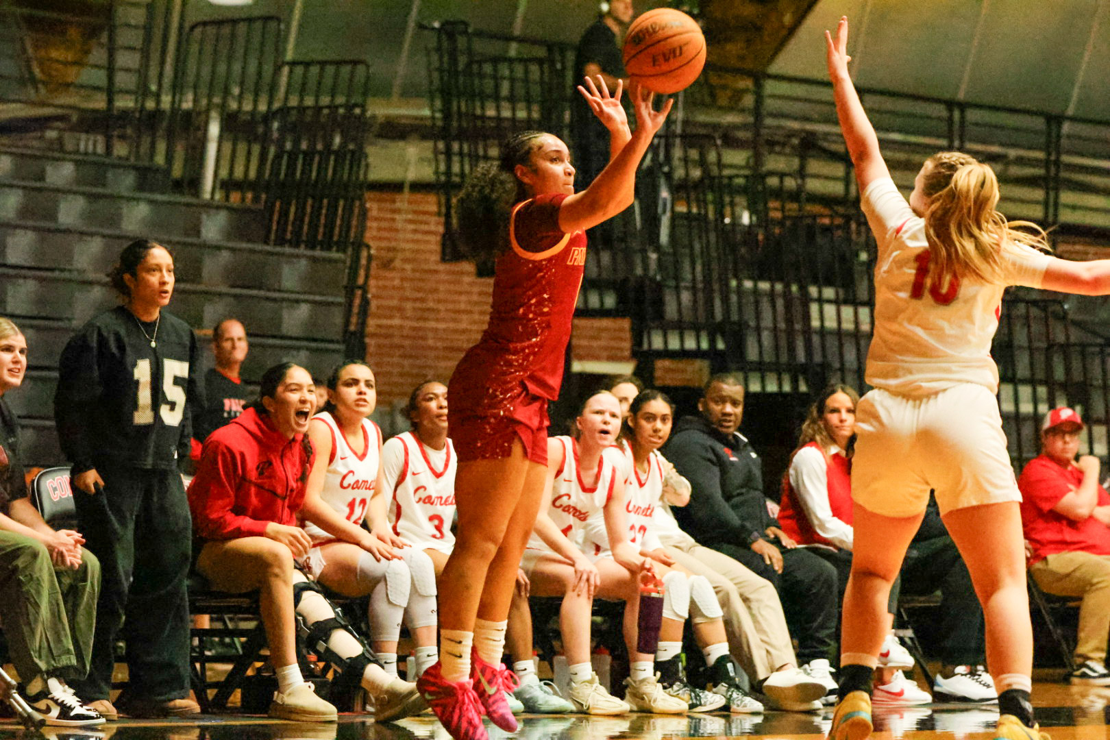 Monica Menzies fires up a shot in the Lancers playoff game at Paloamr on Wednesday evening (photo by Richard Quinton).