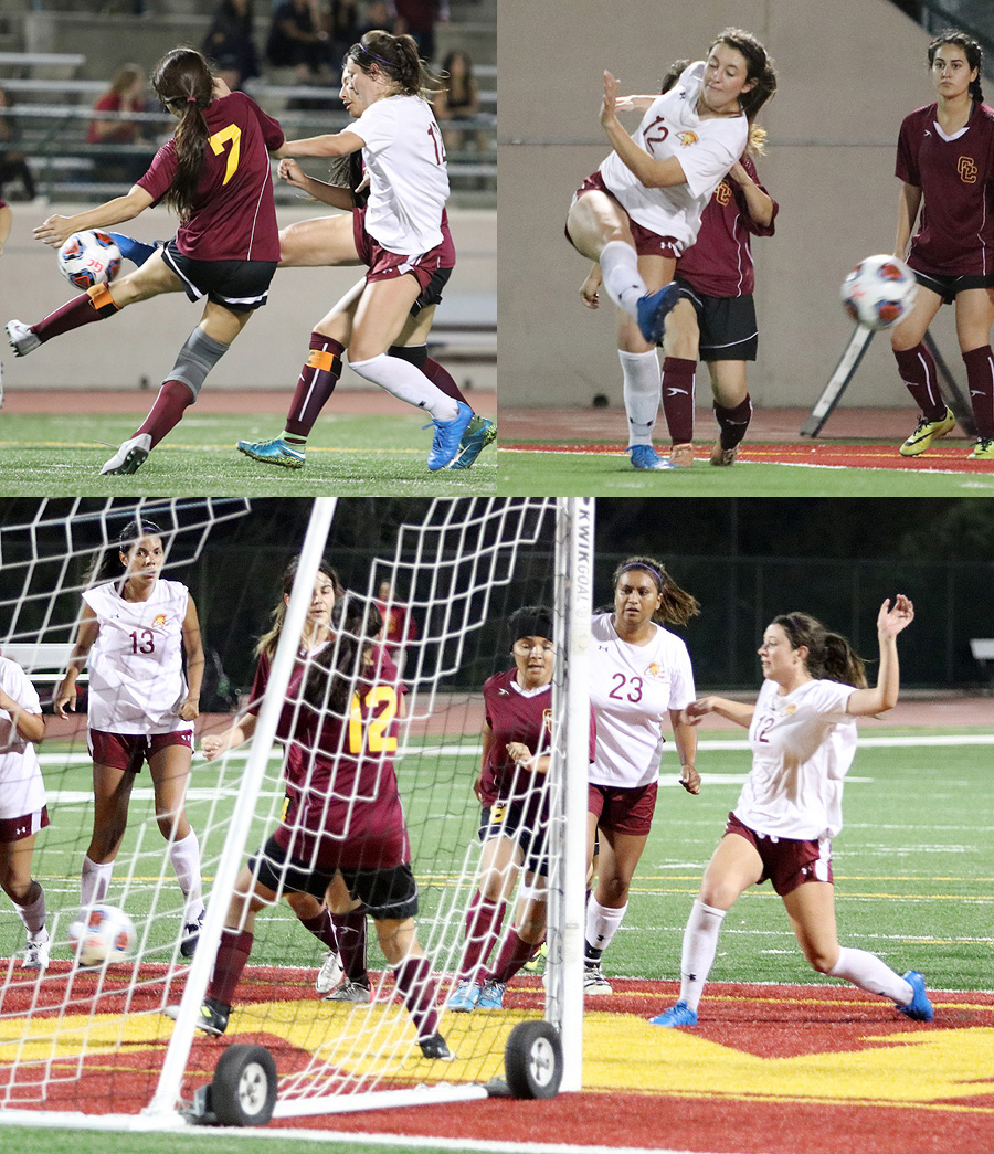 Lancer Chloe Twitchell scores her three goals at Glendale College Tuesday evening, photo collage by Richard Quinton.