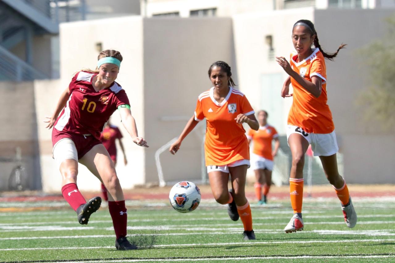 State-leading scorer Katy Coats takes a shot during PCC's 3-3 tie against Reedley Friday at Robinson Stadium, photo by Michael Watkins.