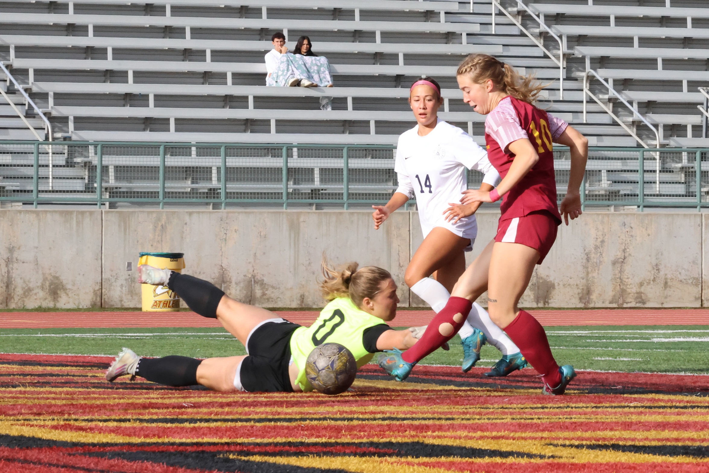 Iris Pollard knocks in the rebound for PCC's first goal in Tuesday's win (photo by Richard Quinton).