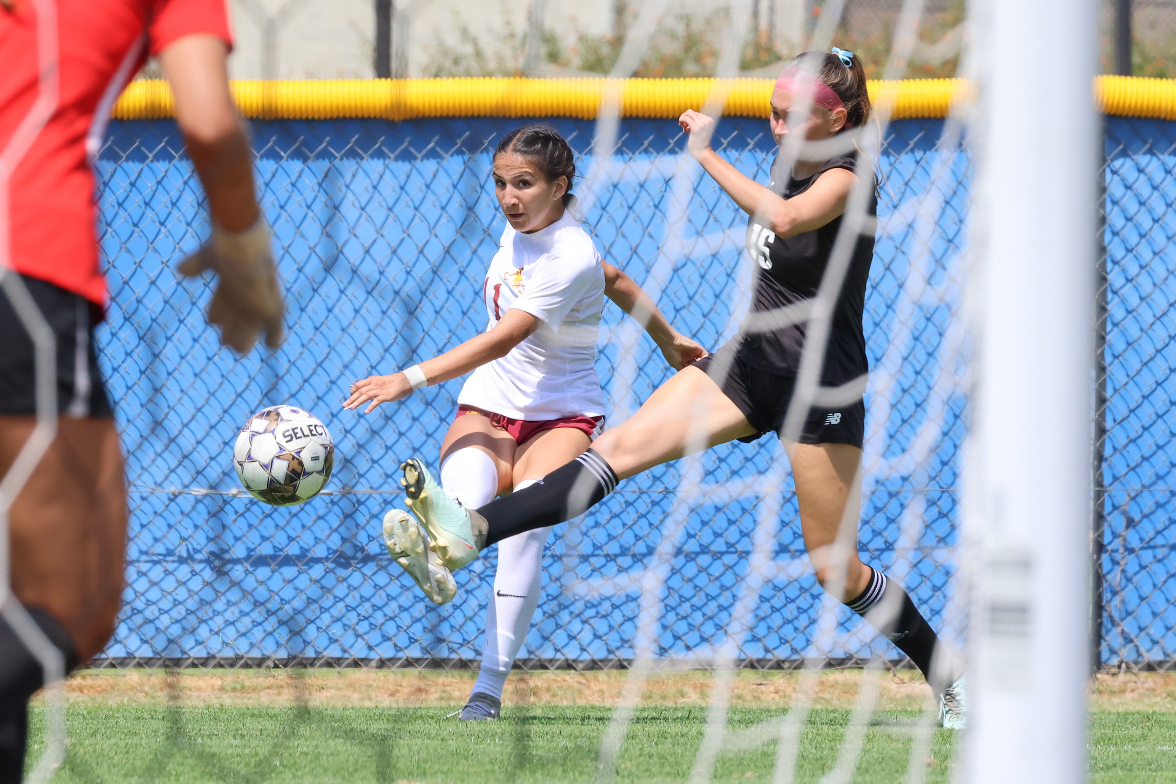Lancer Alexandra Lopez fires a shot for the game winning goal at Moorpark (photo by Richard Quinton).