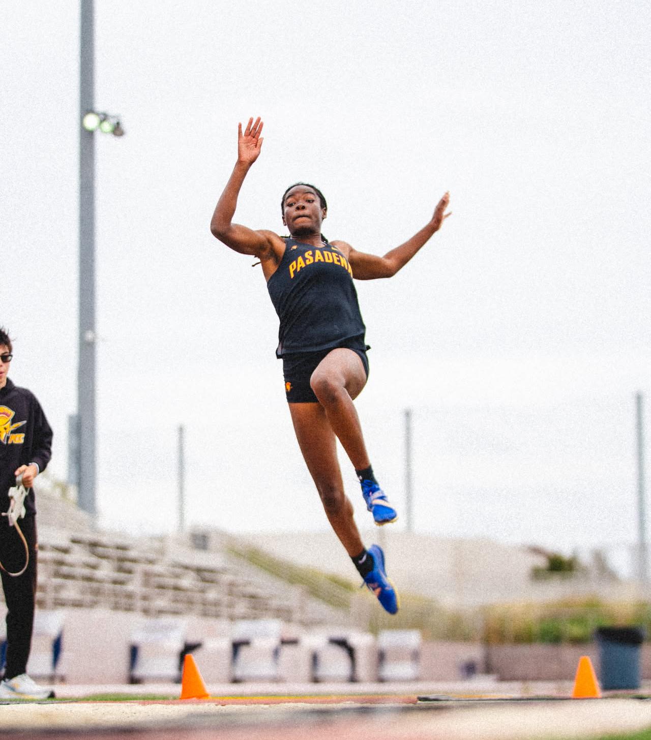Destiny Rayburn during her long jump title win at the SCC Championships.