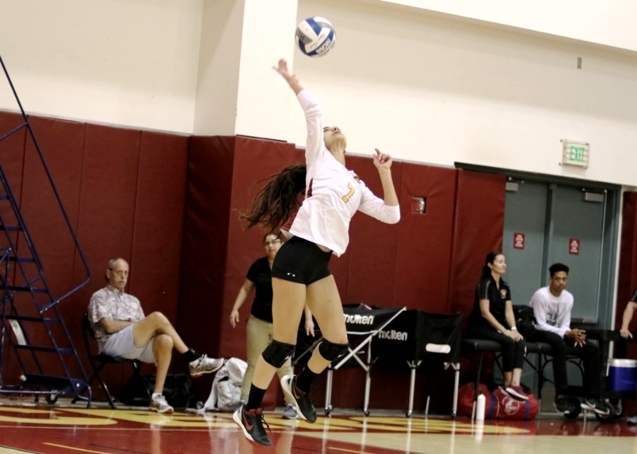 Ariana Fotoohi serves one of her school-record 11 aces in PCC's home sweep over LA Trade Tech Friday night, photo by Richard Quinton.